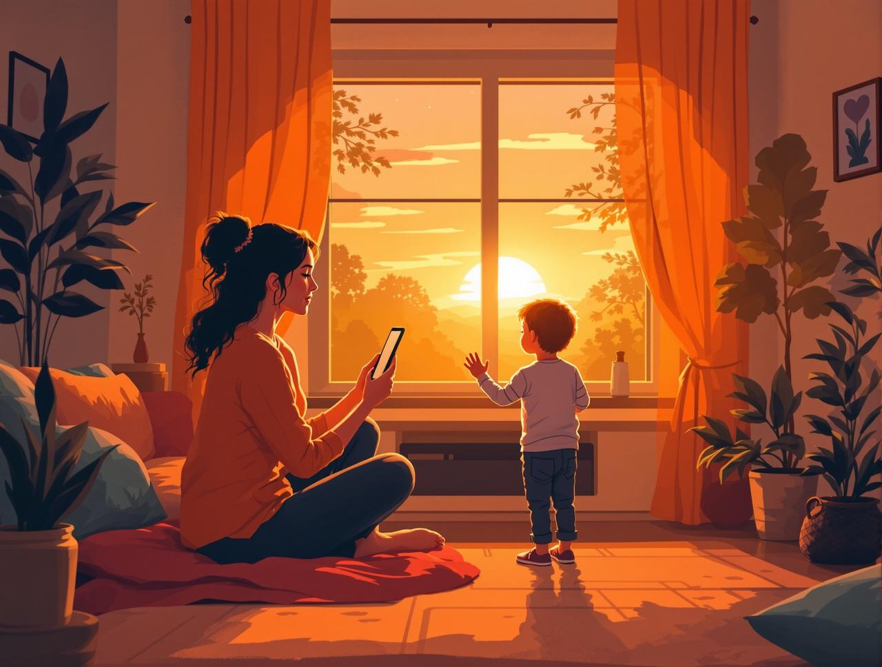 ai网站品牌故事 - 创始人李晨曦与孩子一起观看动画片的温暖时刻